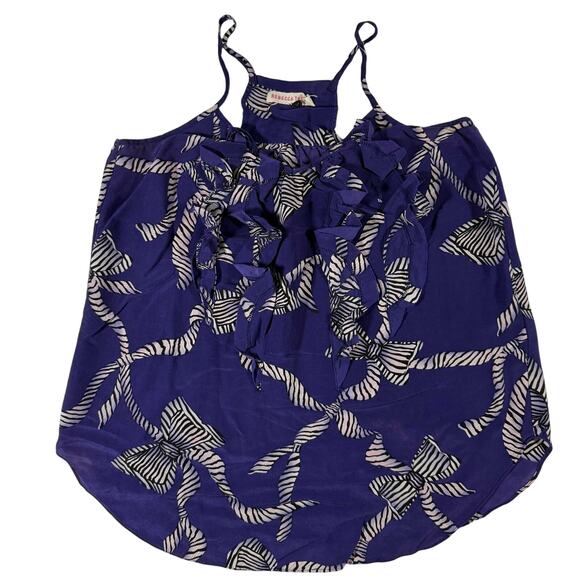 Rebecca Taylor Blue Ruffle Bow Print Tank Top Women’s 4 100% Silk - Picture 1 of 8